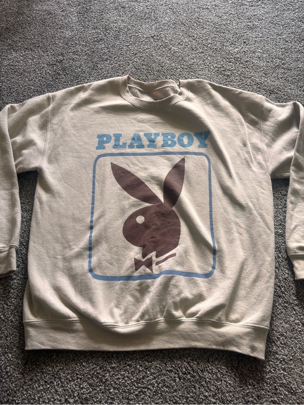 PLAYBOY Cream Sweatshirt with Brown Bunny Graphic and Blue Accent